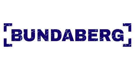 BUNDABERG title seal print with grunge effect. Text caption is placed between corners. Blue vector rubber print of BUNDABERG with grunge texture.
