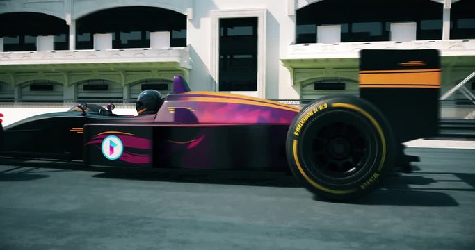 Formula one racing car getting ready then accelerating. High quality 3d animation