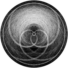 Black-White Round Grunge Overlay Element. Circle Pattern, Logo, Badge, Label, Icon. Abstract Distress Texture Backdrop. Dirty Vintage Monochrome Illustration Background. Brush Strokes Template