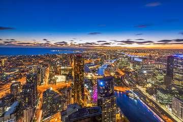 Fototapeta na wymiar Aerial view of dramatic night sky at Melbourne city skyline