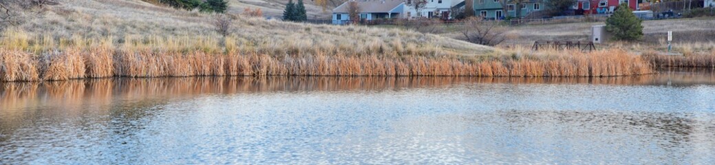 Views of Josh’s Pond walking path, Reflecting Sunset in Broomfield Colorado surrounded by Cattails, plains and Rocky mountain landscape during sunset. United States.