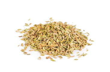 Pile of fennel seeds on white background