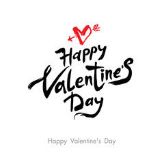 Happy Valentine's Day modern calligraphy. Handwritten lettering. Black calligraphic text with red heart pierced by arrow isolated on white background. Valentines day holidays typography.