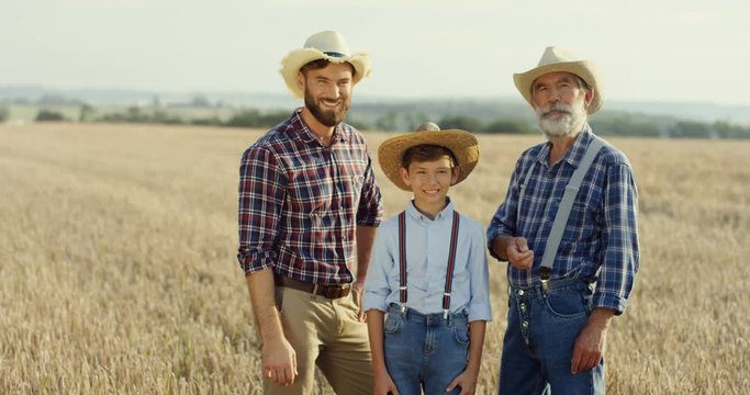 Portrait shot of three male farmer generations: son, father and grandfather standing in middle of the field at the end of the summer.