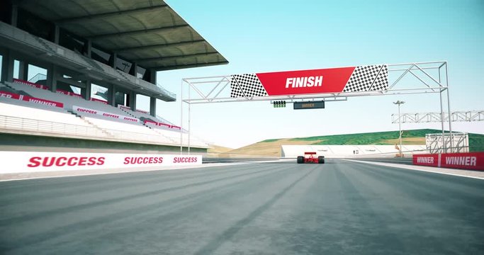 Formula one racing car crossing finish line and winning the race. High quality 3d animation