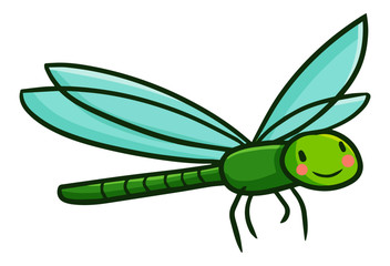 Cute and funny green dragonfly smiling and flying - vector