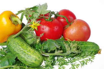Tomatoes and cucumbers on the kitchen board. Close-up