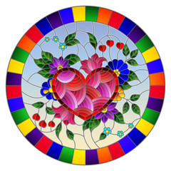 Illustration in stained glass style with abstract heart and flowers on blue background in a bright frame,round image