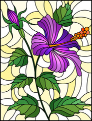 Illustration in stained glass style with flower, buds and leaves of purple  hibiscus on yellow background