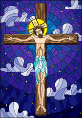 Naklejki  Ilustracja w stylu witrażu na temat biblijny, Jezus Chrystus na krzyżu na tle zachmurzonego nieba i gwiazd