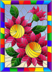 Illustration in stained glass style with three bright pink  flowers, buds and leaves on a blue background in bright frame