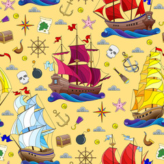 Fototapeta na wymiar Seamless pattern on the theme of sea travel, sailboats and ship's tackle on a yellow background