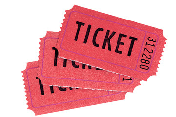 Three red tickets isolated on white - obrazy, fototapety, plakaty