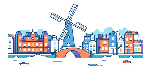 Banner of Amsterdam city in flat line trendy style. Amsterdam city line art. European city. Old town. The city of mill. City landscape. Flat design style. - obrazy, fototapety, plakaty