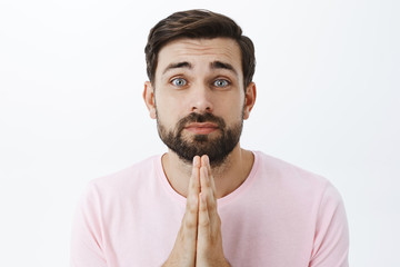 Waist-up shot of charming cute dark-haired bearded guy in pink t-shirt stooping holding hands in pray, gazing at camera hopeful and pleased asking for help or advice, begging friend over white wall