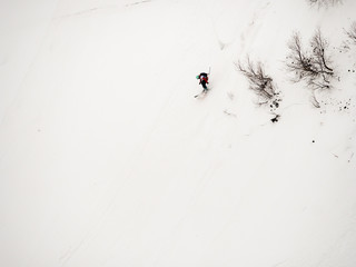 freerider skier descends a steep slope of white snow and trees in the Caucasus Mountains