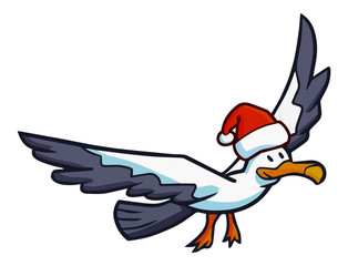 Naklejka premium Cute and funny seagull flying and smiling happily and wearing Santa's hat for christmas - vector.