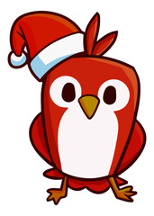 Funny and cute red little bird wearing Santa's hat for christmas and standing - vector