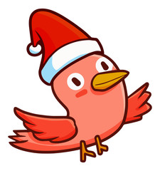 Cute and funny pink bird wearing Santa's hat for christmas, flying and smiling - vector.