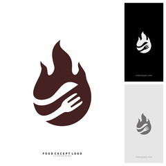 Hot Steak Logo Vector with Flame, Fork, and knife shape. Food Fire Logo Template - Vector