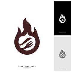 Hot Steak Logo Vector with Flame, Fork, and knife shape. Food Fire Logo Template - Vector