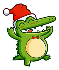 Funny and cute fat alligator smiling, dancing happily, and wearing Santa's hat for christmas - vector.