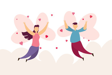 Happy couples love a wing fly on sky in Valentine's day festival and pink background. Vector illustration