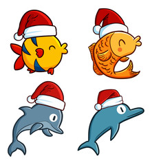 Cute and funny small fish & dolphins wearing Santa's hat for christmas celebration - vector