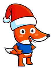 Cute and funny fox standing and wearing Santa's hat for christmas - vector.