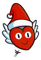 Cute and funny red heart wearing Santa's hat for christmas, and flying happily - vector.
