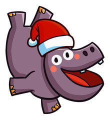 Cute and funny hippo wearing Santa's hat for christmas, and doing acrobatic pose - vector