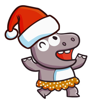 Cute and funny hippo dance wearing Santa's hat for christmas, and laughing happily - vector.
