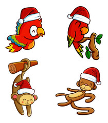 Cute and funny birds & monkey wearing Santa's hat for christmas celebration - vector