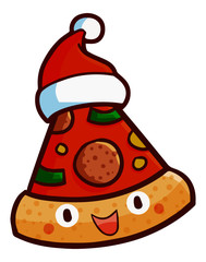 Funny and cute yummy pizza smiling and wearing Santa's hat for christmas - vector