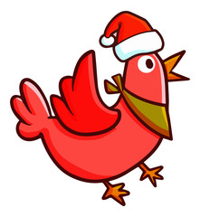Cute and funny pink chicken wearing Santa's hat for christmas - vector.