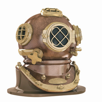 Old fashioned diving helmet isolated on white 03 WW2  USA 3d illustration