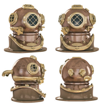 Old fashioned diving helmet from different angles isolated on white WW2  USA 3d illustration