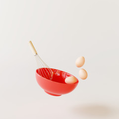 Floating red bowl, egg and whisk on white bright background. Food concept. 3d rendering