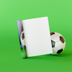 Blank magazine pages with soccer ball on green background. 3d rendering