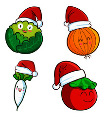 Cute and funny vegetables set wearing Santa's hat for christmas - vector