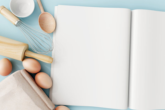 Top view Baking tools with blank book on pastel blue background. 3d rendering