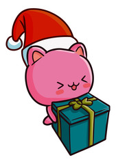 Cute and funny pink bear wearing Santa's hat for christmas, and bringing a gift - vector