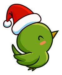 Funny and cute green little bird simling happily and wearing Santa's hat for christmas