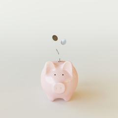 Pink piggy bank with coins on white bright background. 3d rendering