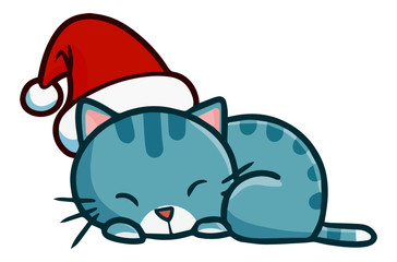 Cute and funny blue green cat wearing Santa's hat for christmas sleeping calmly - vector