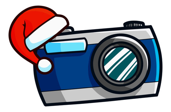 Cute and funny blue vintage camera wearing Santa's hat for christmas - vector.