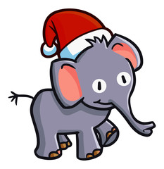 Cute and funny baby elephant smiling and wearing Santa's hat for christmas - vector