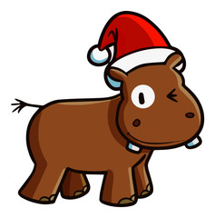 Funny and cute brown hippo smiling and wearing Santa's hat for christmas - vector