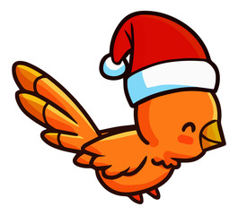 Cute and funny little golden color bird wearing Santa's hat for christmas - vector