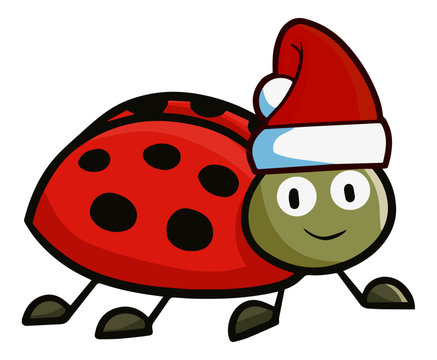 Funny and cute red ladybug smliing and wearing Santa's hat for christmas - vector